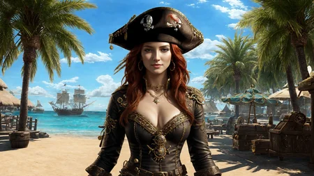 (young redhead pirate woman), (cinematic portrait), sharp focus, (ultradetailed), (standing), (happy) smile, pirate (ship galleon),  (parrot:1.4), , gold medallion, colorpirate clothes, pirate hat, hips, pirate (village), leafy beach coast, (treasure chest with coins and jewels:1.3), rum barrel, best quality masterpiece,  bright sunny sky, backlight, cinematic lights, high contrast, hdr, shadows, pretty, beautiful, feminine, sexy, adorable, lovely, in love, PirateDiffusionprt,  <lora:Pirate:0.3>  PrateT  <lora:PirateRealms:0.3> <lora:Detail Tweaker LoRA add_detail:0.5> <lora:depth_of_field_slider_v1:5> <lora:SDXLrender_v2.0:0.9>