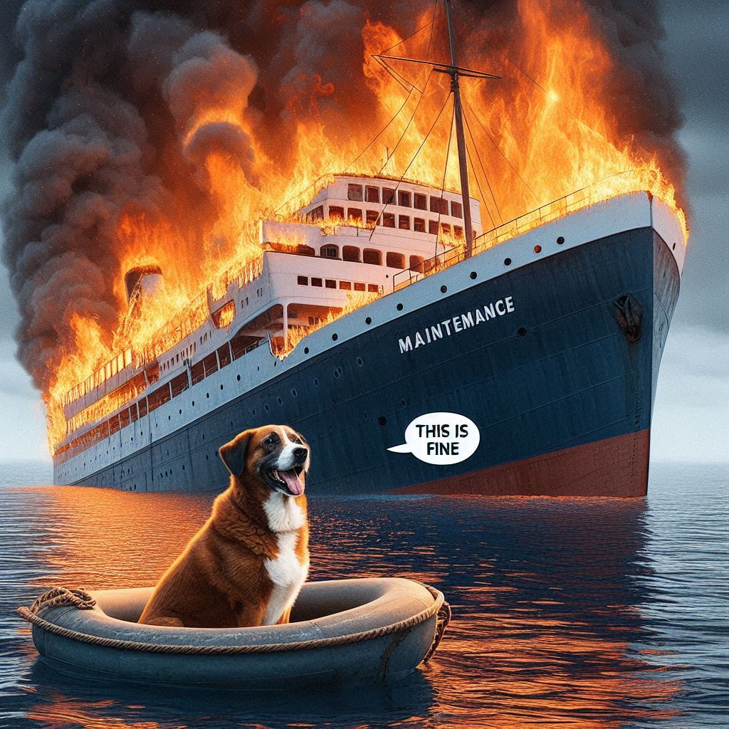 dog sitting in a sinking ship, burning ship, ship in flames, ship named "Maintenance", dog says "this is fine"
