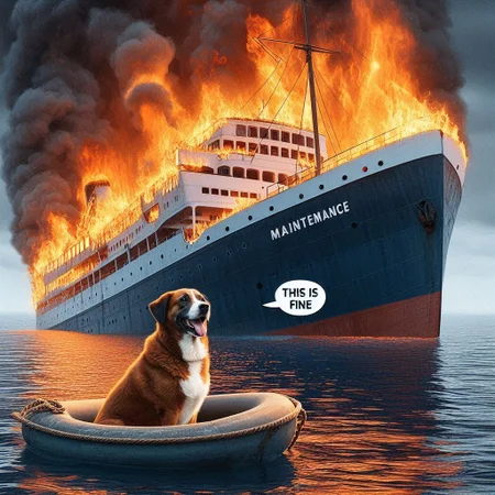 dog sitting in a sinking ship, burning ship, ship in flames, ship named "Maintenance", dog says "this is fine"