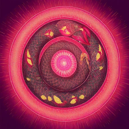colored Mandala style, medium stylized pattern, (deep_purple, black, red, gold),Seviper, serpentine, vertical_figure_eight_pattern, intricate_design, symmetrical, traditional_mandala, ()glowing_golden_elements), luminous, mystical, highly_detailed, intricate_scales, geometric_patterns, harmonious_composition, masterpiece, balanced, precise, artistic, reverence, Pokémon