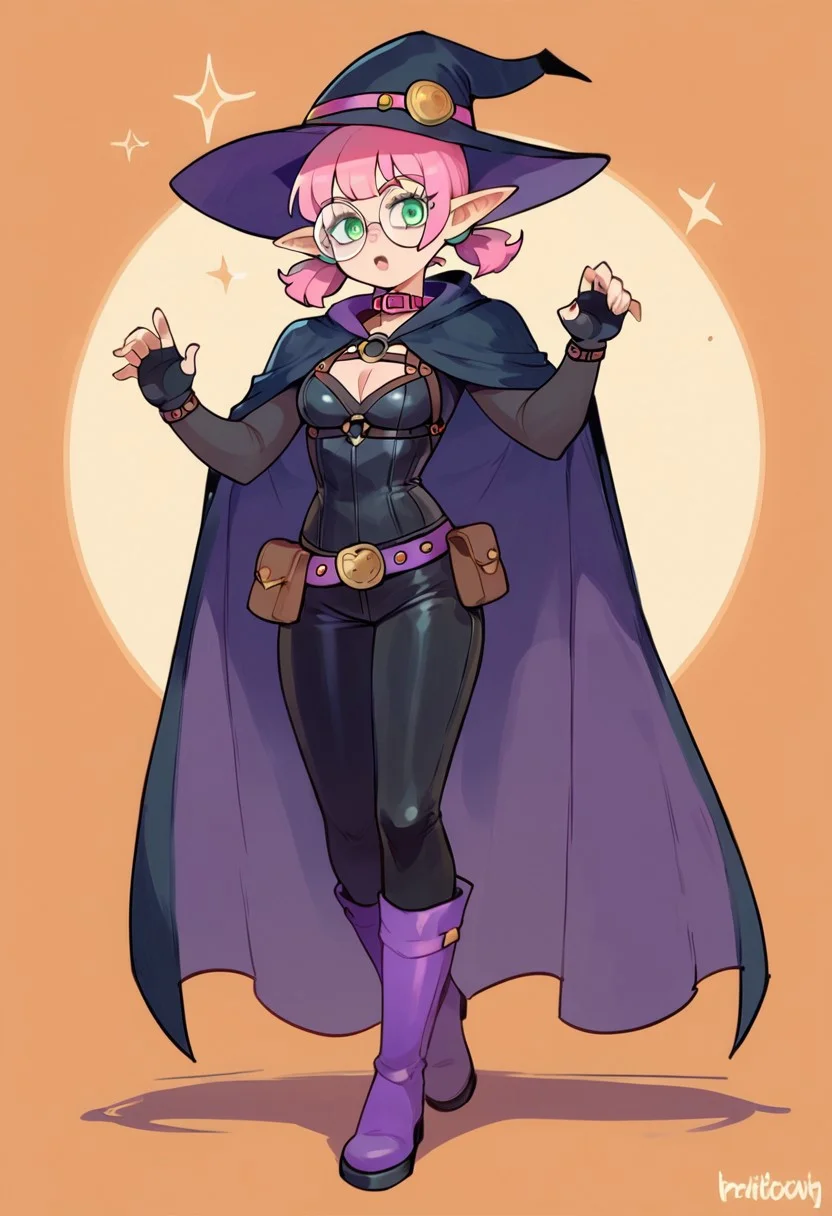 score_9, score_8_up, score_7_up, score_6_up, score_5_up, Full Body, Jojo pose,
1girl, solo, pink hair, very short hair, short twin low ponytails, twin low ponytails, elf ears, round glasses, green eyes, young girl, slim build, light skin, witch hat, witch robe with cape, witch cloak, black corset, black bodysuit, black gloves, fingerless gloves, pink accents in outfit, purple boots, leather mid-calf boots, leather thigh-high boots, feathered collar, belt with pouches, belt with buckles, chest harness, tattered cape, cape with tattered edges, witchxl,