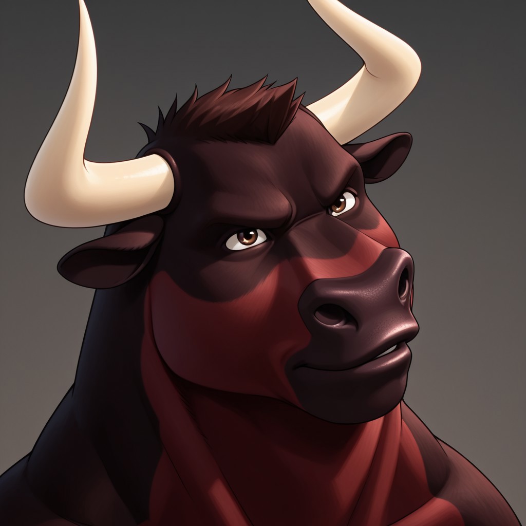 Guapo (Ferdinand), Bull, black and maroon bull, black and maroon fur,  horns, Brown Eyes, Furry, solo
