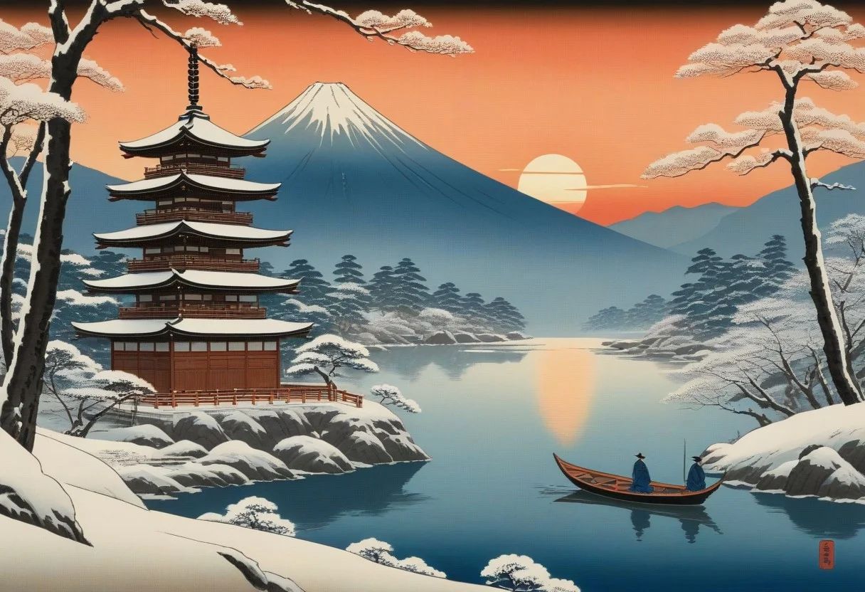 Masterpiece, best quality, ukiyo-e landscape, mountain setting, snow, two traditionally dressed japanese characters looking at a sunset, romantic, pagoda on a river, small boat