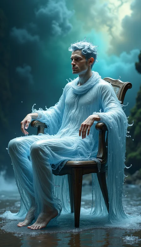 A life-sized, translucent figure composed of crystalline water droplets, suspended in mid-air, as if frozen in an aquatic matrix. The man's skin appears as a mesh of glistening ice crystals, refracting and reflecting light, giving off an ethereal glow. His facial features are delicately etched, with high cheekbones, a strong jawline, and piercing aquamarine eyes that seem to hold a deep wisdom.
His attire is a mesmerizing blend of liquid and solid, with a flowing white shirt and dark pants that appear to be woven from the finest oceanic mist. The fabric appears to undulate and ripple, as if it's being gently lapped by waves. A scarf made of what looks like iridescent seaweed drapes elegantly around his neck, completing the ensemble.
The man's arms are draped languidly over the back of a worn, weathered wooden chair, the surface of which is slick with dew, as if it too has been baptized by the storm. The chair itself seems to be anchored to the ground, a sturdy presence amidst the chaos of the tornado's path.
In the background, a maelstrom of colors swirls, as if the very fabric of the atmosphere has been torn asunder. Turbulent clouds of indigo, emerald, and amber churn and twist, threatening to consume the serene, aquatic figure. The air is alive with electric tension, and the sound of distant thunder rumbles through the air, yet the man remains steadfast, a beacon of calm at the eye of the storm.
The entire scene appears to be lit by an otherworldly glow, as if the water that comprises the man's form is infused with an soft, bioluminescent light, softly illuminating the dark, turbulent environment around him.