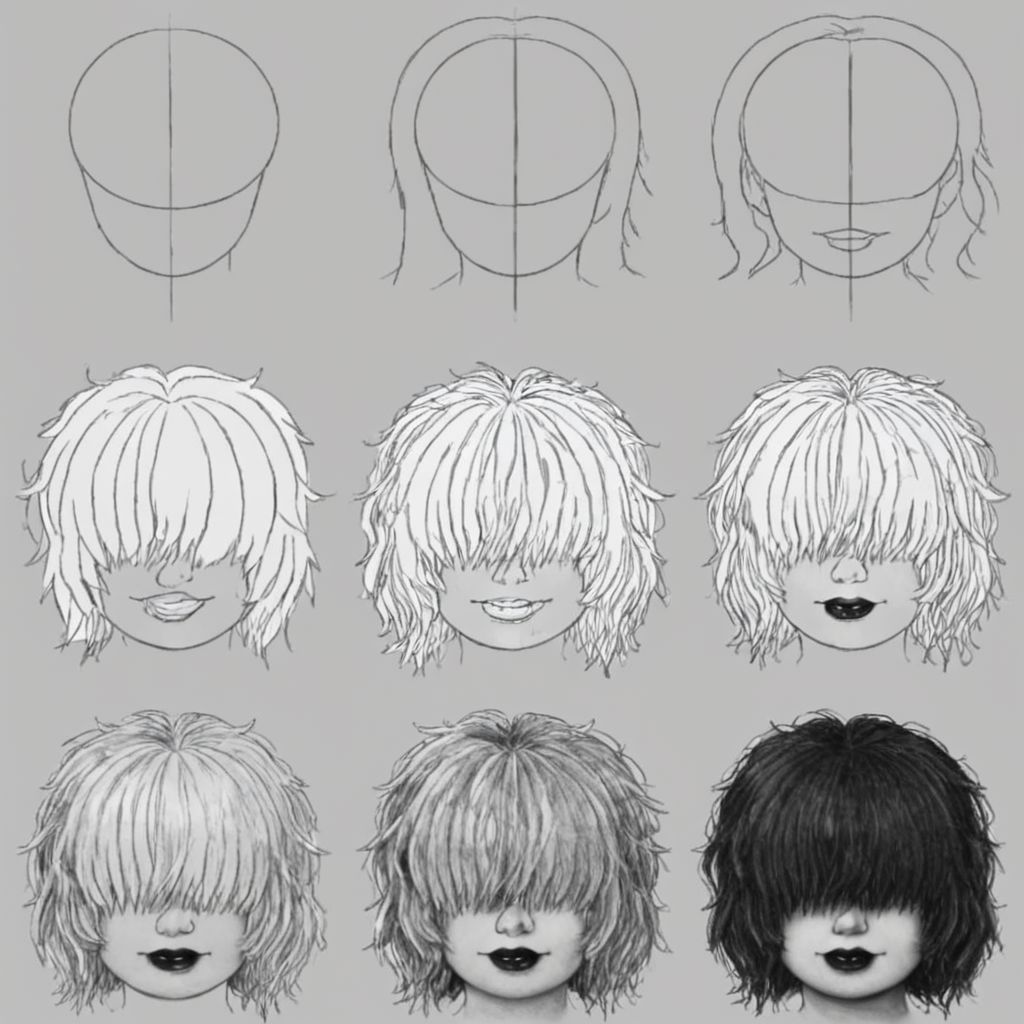 howtodraw, greyscale, white hair, messy hair, hair covering eyes, hair over eyes, twintails, black lipstick, (plump:1.6),
6 steps