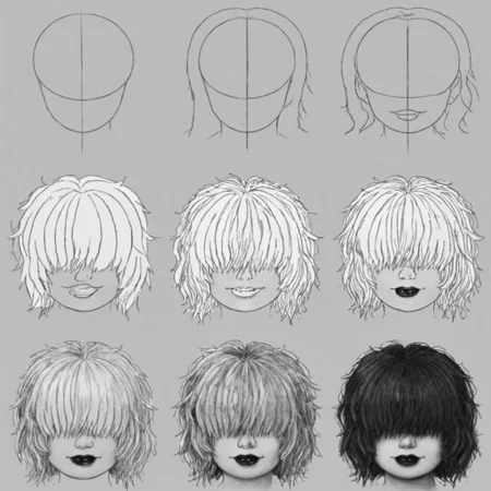 howtodraw, greyscale, white hair, messy hair, hair covering eyes, hair over eyes, twintails, black lipstick, (plump:1.6),
6 steps