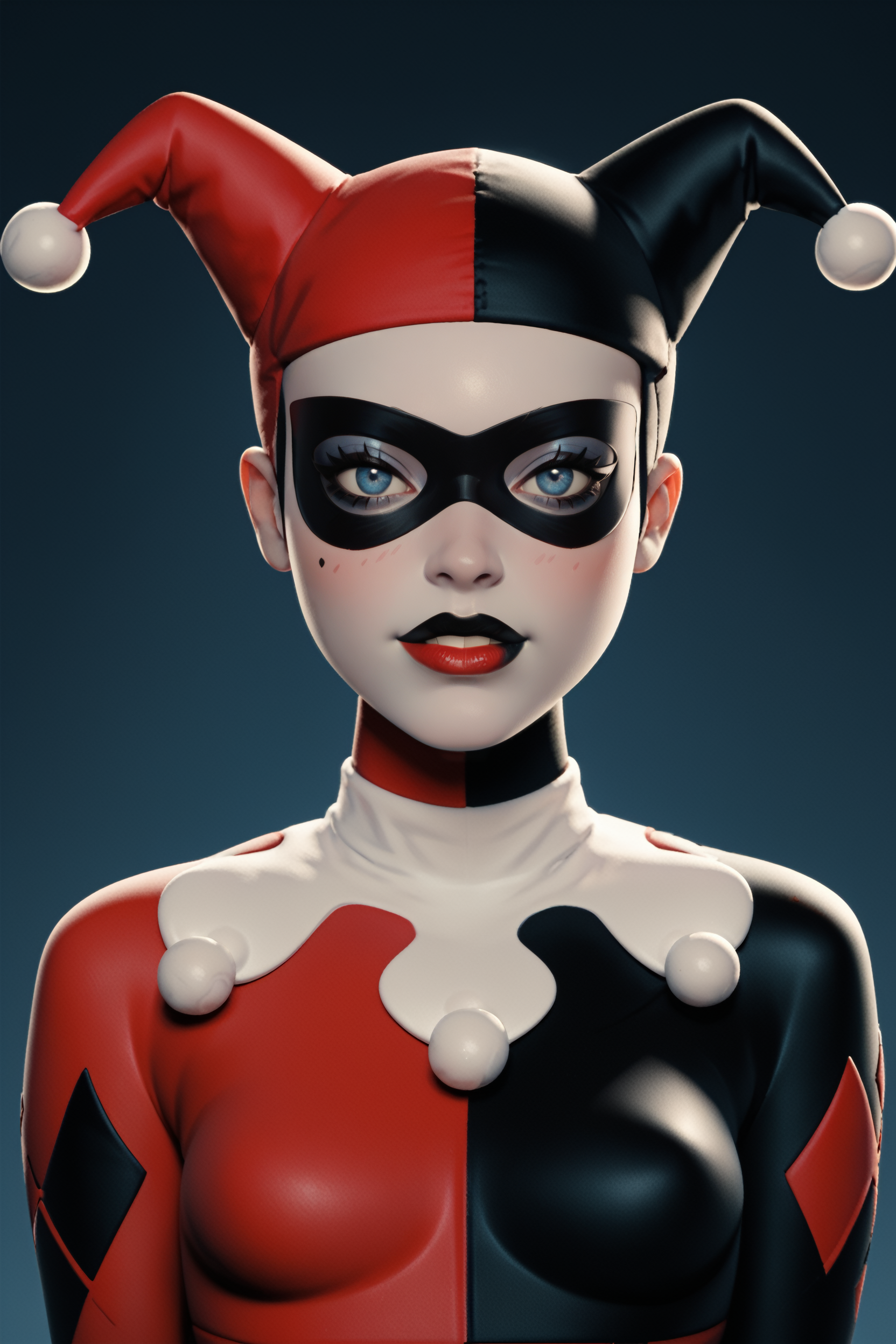 score_9, score_8_up, score_7_up, 
<lora:CHQuinn:1.0>
CHQuinn, 1girl, jester cap, domino mask, blue eyes, black lipstick, bodysuit, looking at viewer, portrait