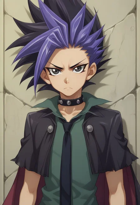 score_9, score_8_up, score_7_up, source_anime, highly detailed,
yuto, 1boy, male focus, solo, black hair, spiked hair, multicolored hair, necktie, shirt, looking at viewer, black eyes, purple hair, upper body, collar, dyed bangs,
frown, black hair, two-tone hair, choker, bangs, coat, thorn clothes
outdoor, wall, cracks,