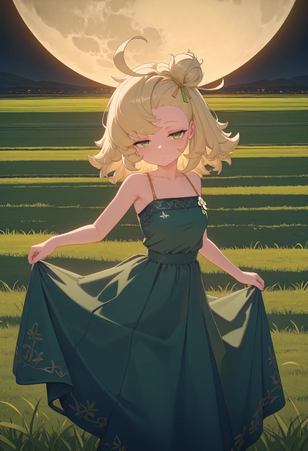 masterpiece, best quality, amazing quality, very aesthetic, absurdres, newest, scenery, volumetric lighting, perfect eyes, ultra detailed,
1girl, Piper Wheel, solo, blonde hair, ahoge, messy hair, hair bun, green eyes, short, tiny, petite,
green dress, dress pattern, long dress, perfect dress,
looking at viewer, dancing, half-closed eyes,
giant moon background, grass field, detailed background, backlighting,
<lora:Piper_Wheel_-_Zenless_Zone_Zero_ZZZ__Illustrious:1>
masterpiece, best quality, amazing quality, very aesthetic, absurdres, newest, scenery, volumetric lighting, perfect eyes, ultra detailed,