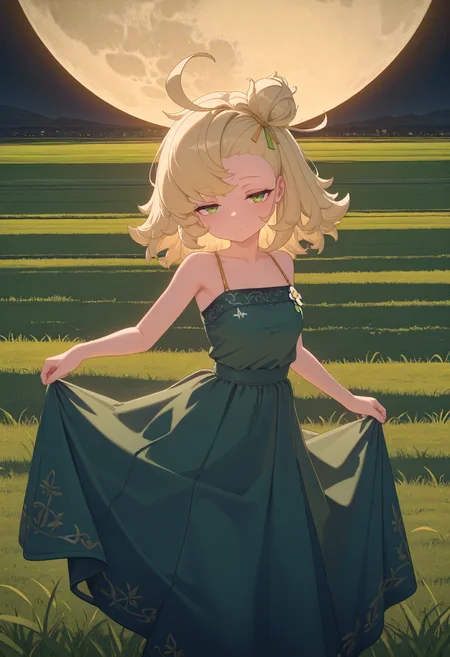 masterpiece, best quality, amazing quality, very aesthetic, absurdres, newest, scenery, volumetric lighting, perfect eyes, ultra detailed,
1girl, Piper Wheel, solo, blonde hair, ahoge, messy hair, hair bun, green eyes, short, tiny, petite,
green dress, dress pattern, long dress, perfect dress,
looking at viewer, dancing, half-closed eyes,
giant moon background, grass field, detailed background, backlighting,
<lora:Piper_Wheel_-_Zenless_Zone_Zero_ZZZ__Illustrious:1>
masterpiece, best quality, amazing quality, very aesthetic, absurdres, newest, scenery, volumetric lighting, perfect eyes, ultra detailed,