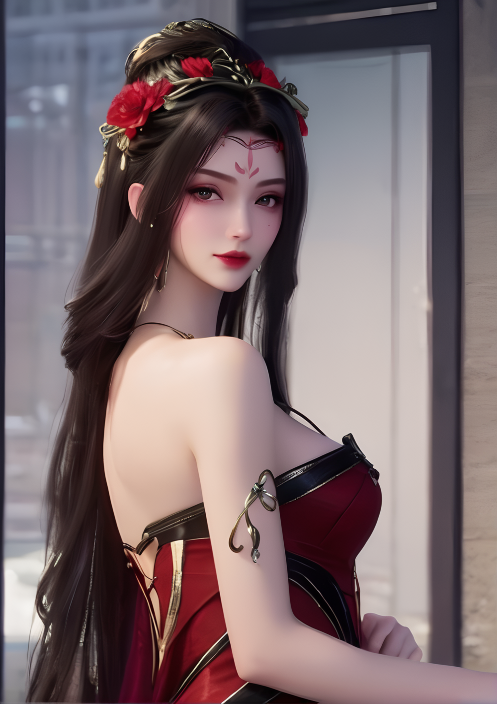 profile,ultra realistic 8k cg,picture-perfect face,flawless,clean,masterpiece,professional artwork,famous artwork,cinematic lighting,cinematic bloom,perfect face,beautiful face,beautiful eyes,fantasy,dreamlike,unreal,science fiction,absurdly long hair,very long hair,(rich:1.4),detail,delicate pattern,charming,alluring,seductive,erotic,enchanting,hair ornament,looking at viewer,sexy,charming,alluring,seductive,
1girl,black hair,breasts,red dress,facial mark,forehead mark,hair flower,hair ornament,jewelry,solo,paimaishi,<lora:meiya_V2:1>,