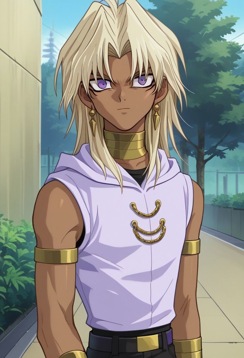 score_9, score_7_up, source_anime
marikuish, 1boy, male focus, solo, dark skin, dark-skinned male, purple eyes, blonde hair, long hair, parted bangs, jewerly, earrings, neck ring, armlet, hoodie, hood, purple hoodie, sleeveless hoodie, black undershirt,
outdoor,