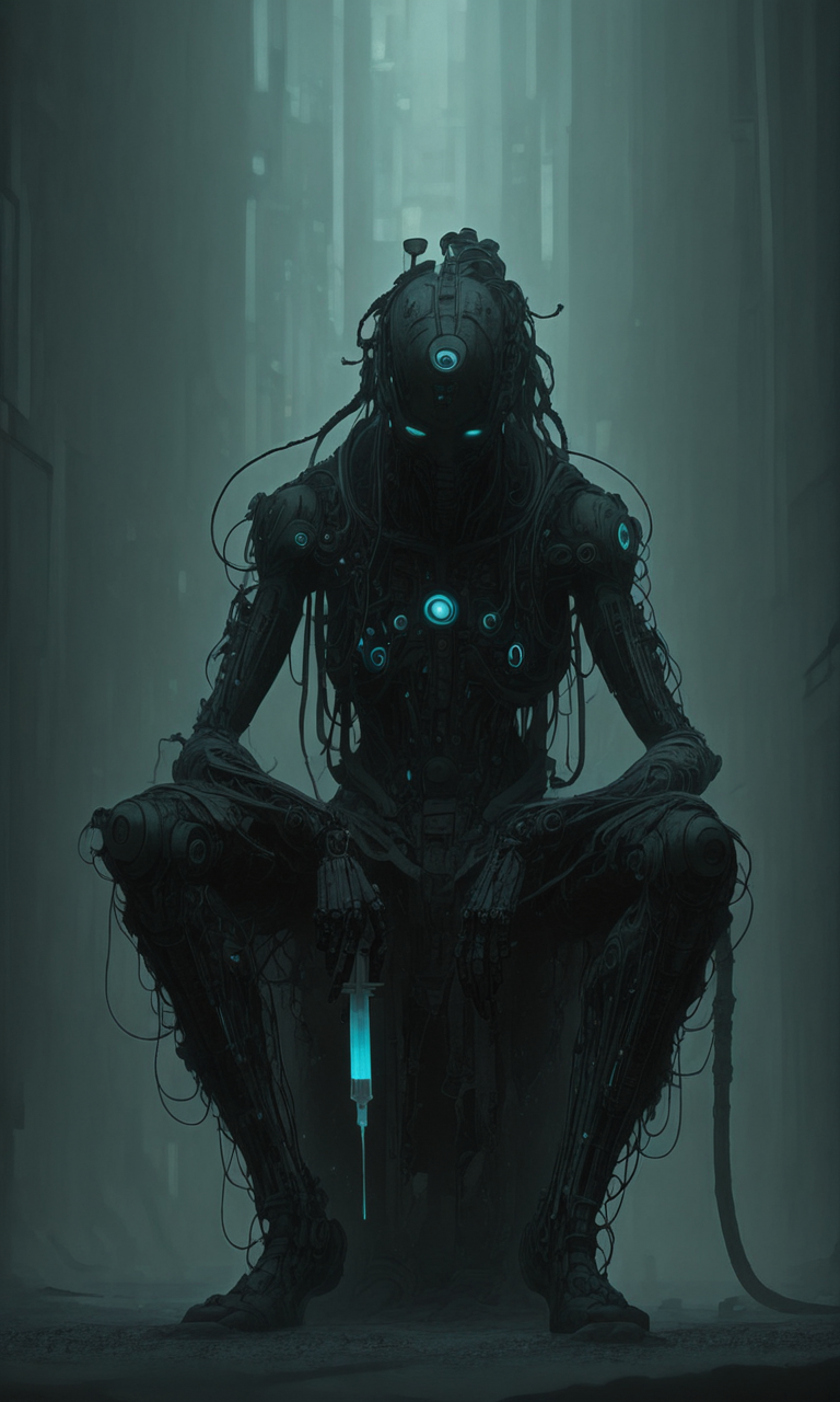 dark futuristic cinematic cgi featuring a biomechanical person sitting using a blue glowing syringe glowing red intricate circuitry set against a green grid-like background. The image exudes a sci-fi dystopian vibe with a high-tech mechanical urban aesthetic, <lora:- iLL -PdJ_highres_counterweight_V1.0-step00004500:.8>,  <lora:dark-moody-ill:0.8>  <lora:- iLL - the_edgy_mech_V2.0-step000013500:0.4>   <lora:Illustrious:0.4> <lora:- iLL - depth_offset_combined_V1.0-step00002000:1>