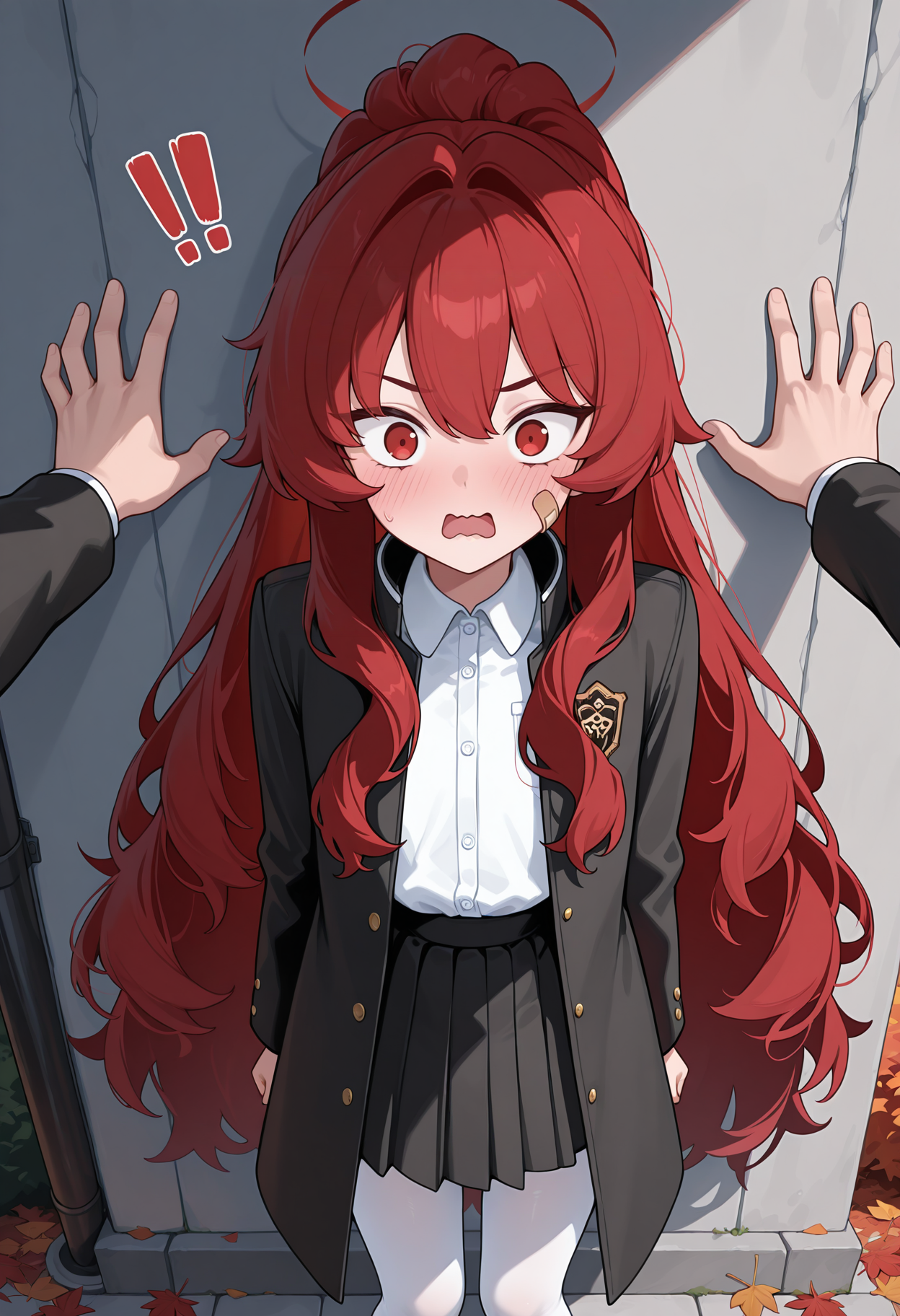 highres, best quality, masterpiece, autumn leaves, outdoors, 
1girl, solo, kvkoito, red hair very long hair, ponytail, bandaid on face, halo, red eyes,
school uniform, black jacket, black coat, open jacket, white shirt, collared shirt, black skirt, pleated skirt, white pantyhose,
looking at viewer, blush, wavy mouth, open mouth, surprised, !!,
pov hands, kabedon, 
<lora:_koito_kv-elesico-ilxl:1>