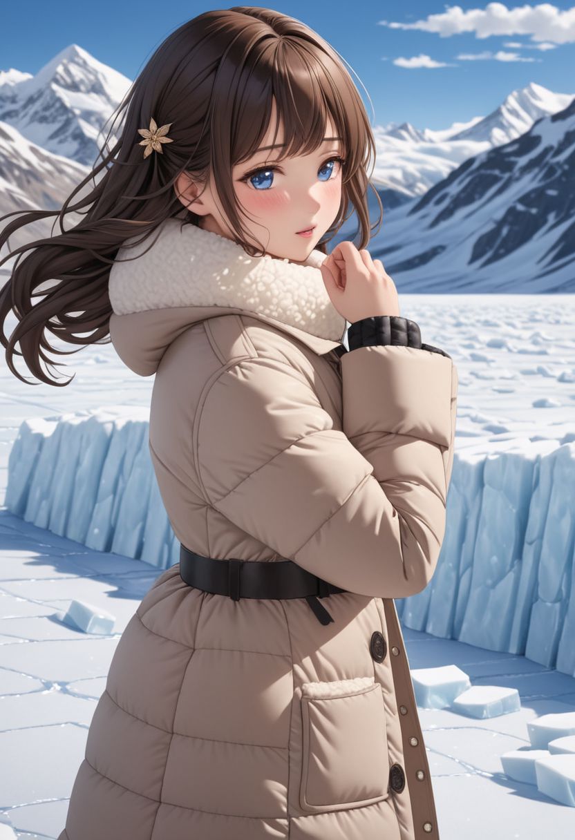 ((((masterpiece)))), ((((best quality)))), ((intricate details)), ((((photorealistic)))), RAW, 8K UHD, (1girl), (office lady), a realistic representation of the face, detailed face, beautiful face, charming, bonny, (erotic face), (long messy brown hair), (blue eyes), ((((Oversized sherpa padded down coat)))), ((walking on icefield)), (cold), dynamic pose, (((blush))), (((heavy breathing))), (((feels orgasm))), wind, (Thick padded collar:1.4), (TSH:1.4), (Thick padded cuffs:1.4)