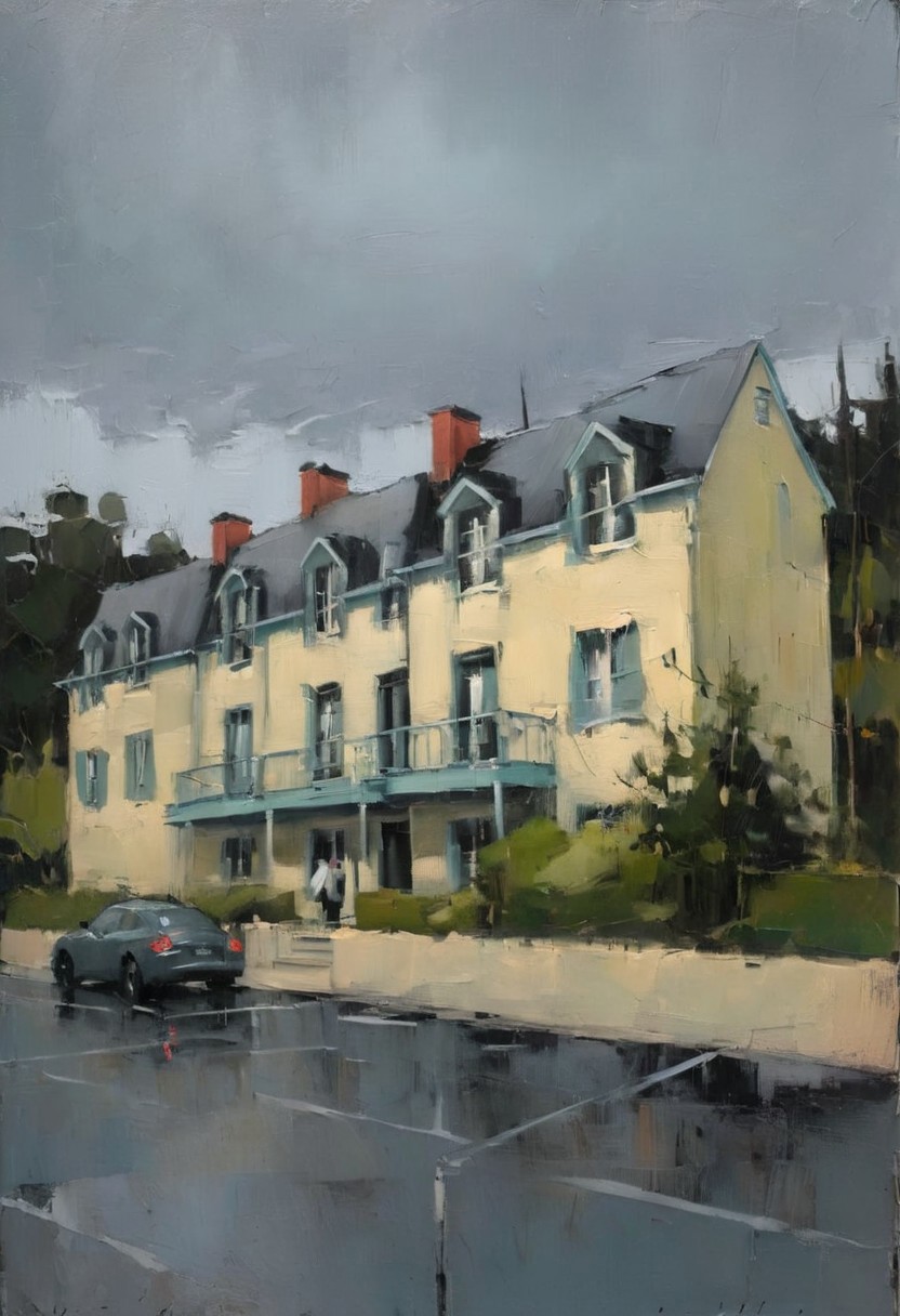 detailxl, easynegative, a painting of small hotel in the style of malcolm-liepke, Landscape Render, no humans, BREAK, wind, grey sky, rain, motel