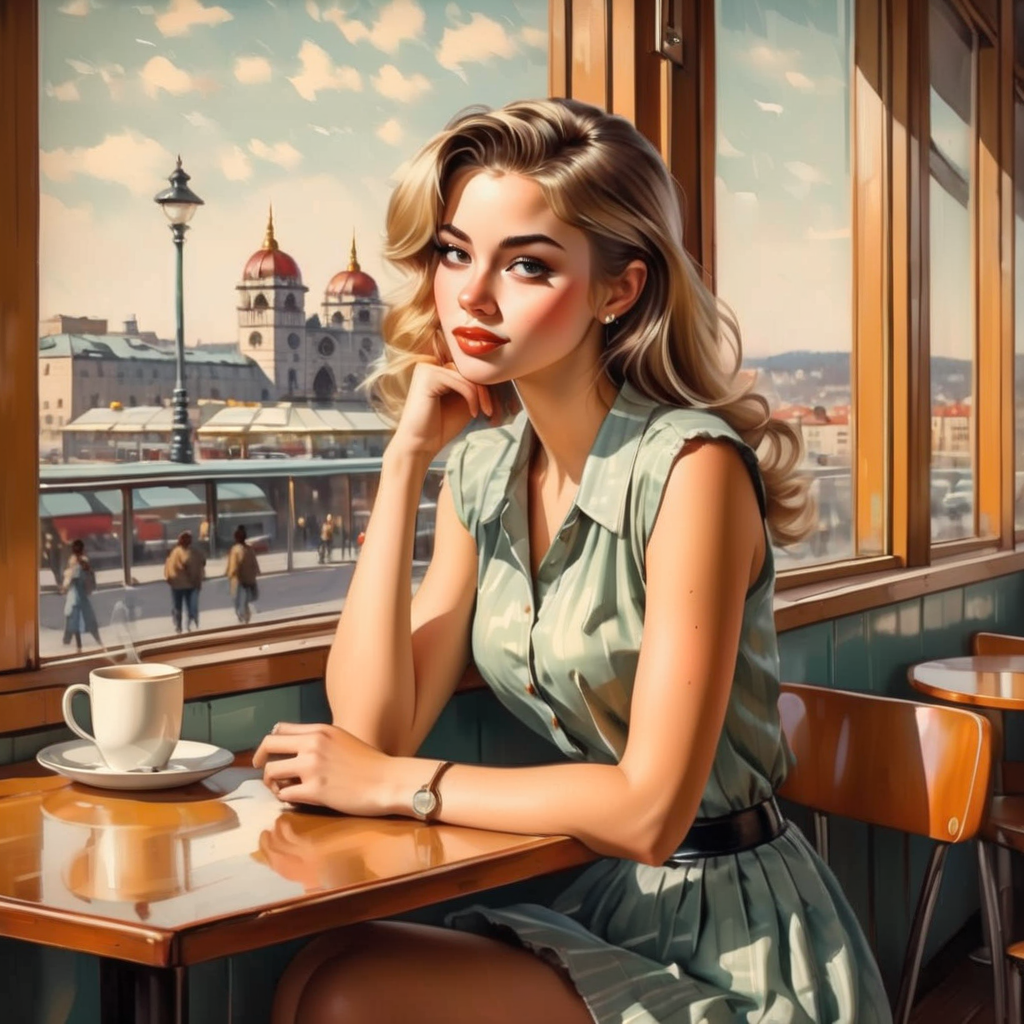 vintagemuse girl at a table in a cafe, people, windows, city in the background <lora:vintagemuse:1>