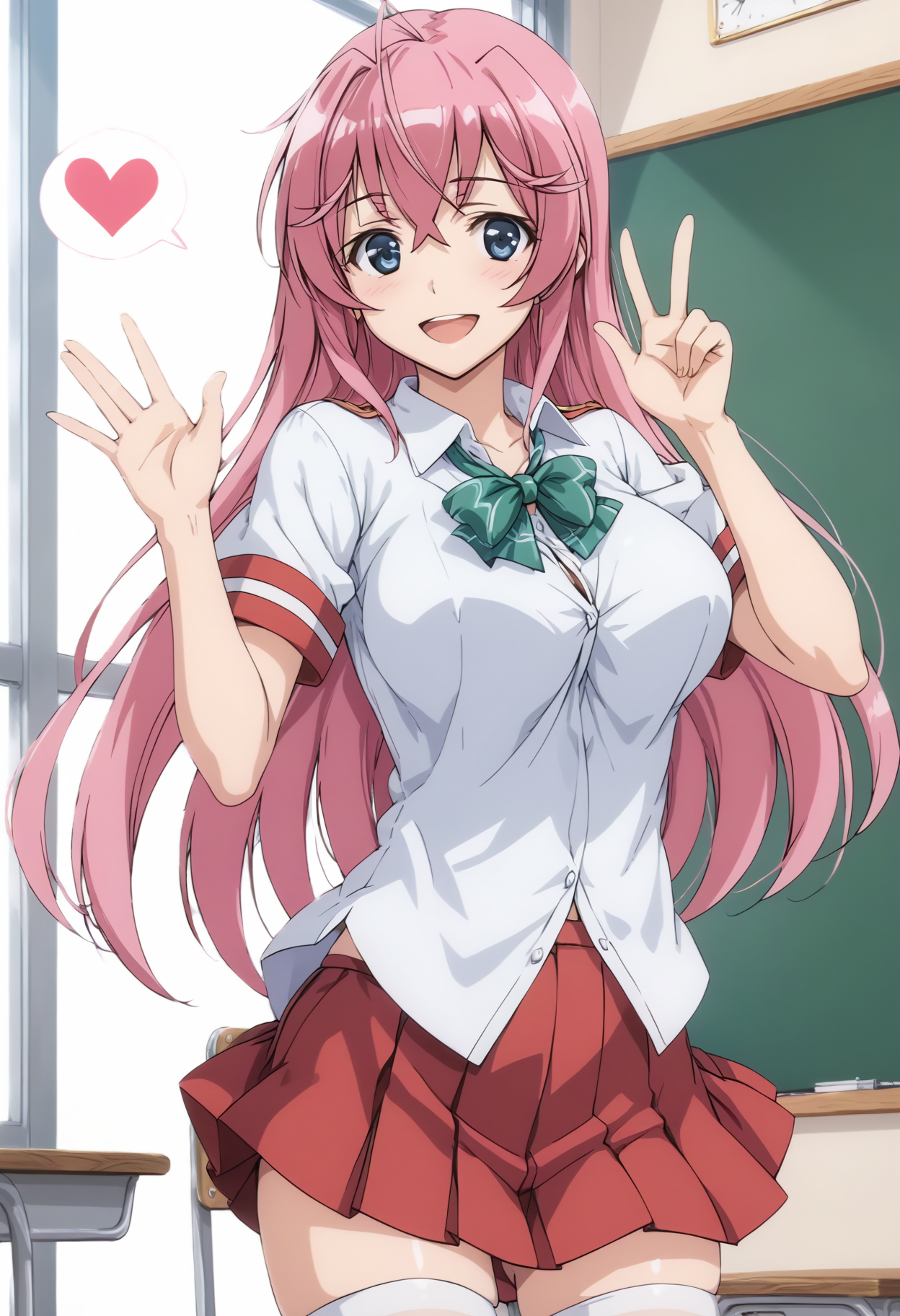 <lora:offset_0.2:0.6>, <lora:xl_more_art-full_v1:0.6>, <lora:add-detail-xl:0.7>,<lora:Smooth Anime 2 Style SDXL_LoRA_Pony Diffusion V6 XL:0.6>, <lora:sdxl_lightning_8step_lora:1>,<lora:sdxl-hairdetailer_02:0.6>
score_9, score_8_up, score_7_up, BREAK source_anime,best quality, masterpiece,anime screencap,source_anime,(ai-generated:0.8),
best quality, very aesthetic,absurdres,
otmn,<lora:Pony_otmn_v1_XL-000015:0.85>
1girl,solo,
pink hair,
large breasts,
smile,happy,v,
 white shirt,school uniform,short sleeves, red colored pleated skirt, green colored bowtie, white thighhighs, 
spoken heart, 
standing,waving, 
in school,