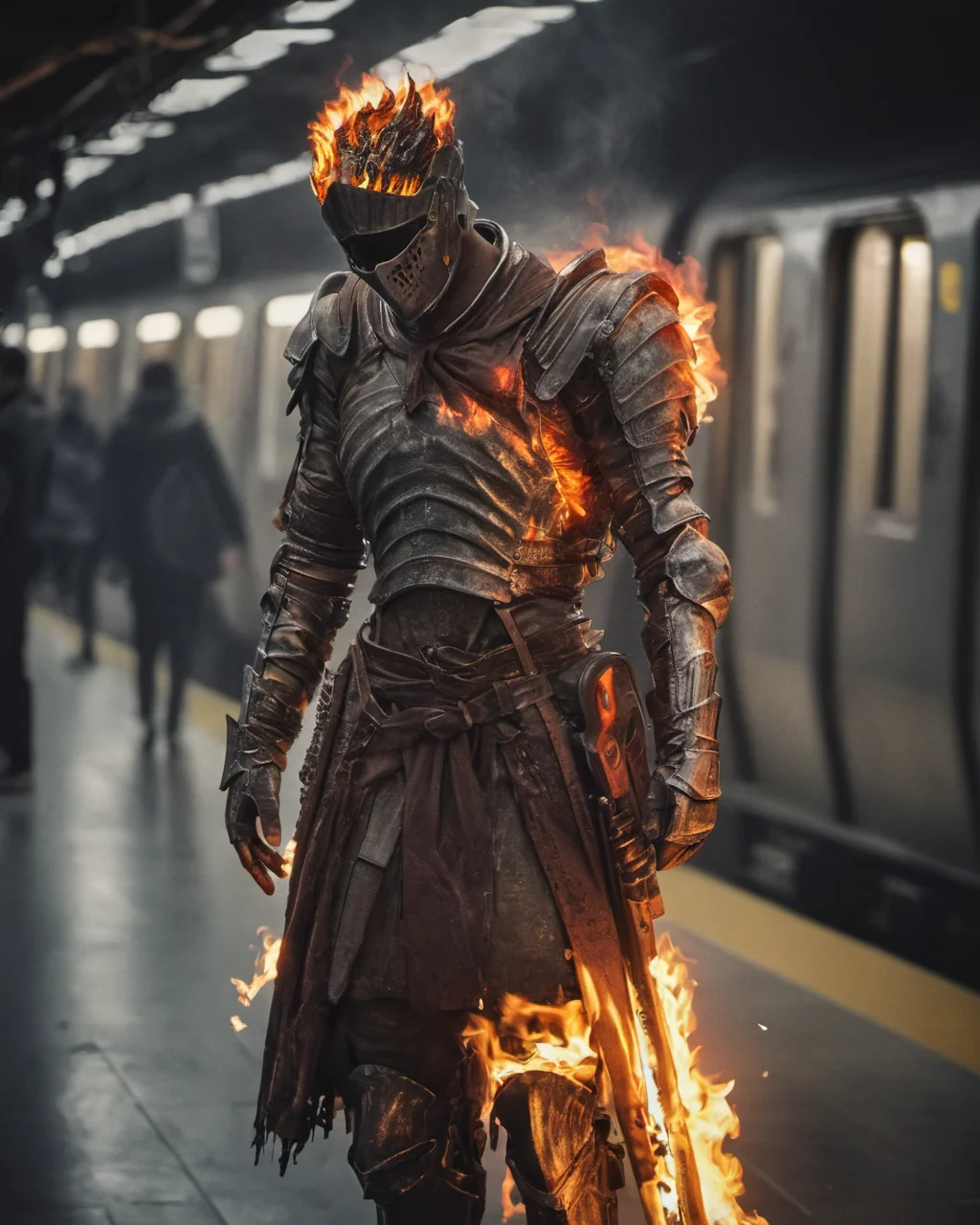 hyperdetailed photography,masterpiece,awardwinning,128k uhd,cndrlord,inpatient man in a flaming armor waiting for a train in a subway,<lora:lordofcinders:0.7>,raw photo,sharp focus,bokeh,epic
