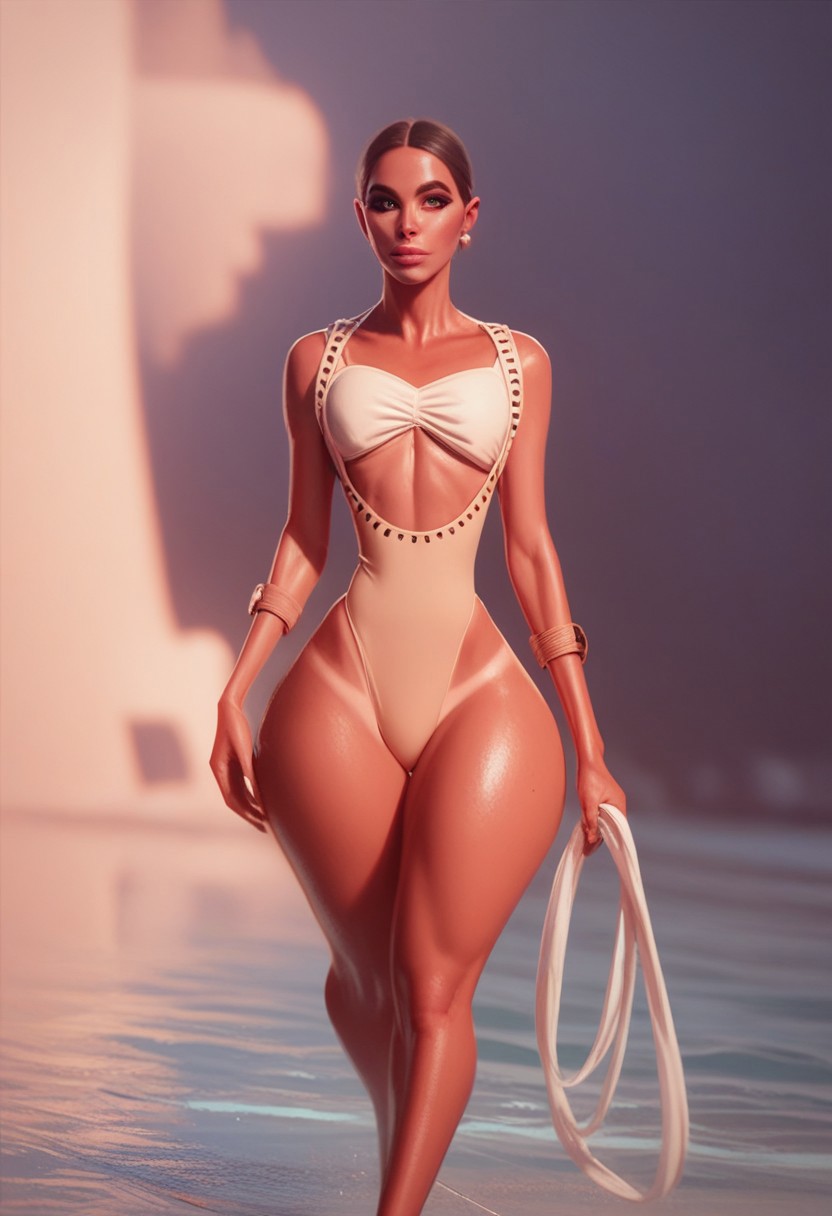 score_9, score_8_up, score_7_up, 1girl, (thick thighs:1.2), 1girl, tanlines, cowboy_swimsuit, leotard, narrow waist, seductive expression, thick lips, athletic, thigh gap, walking,