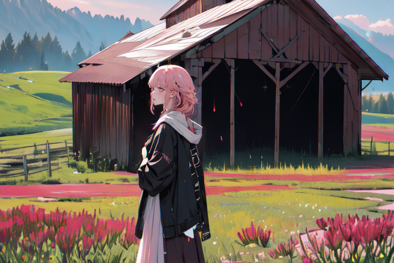 (otherworldly), highly insanely detailed, masterpiece, top quality, best quality, highres, 4k, 8k, RAW photo, (very aesthetic, beautiful and aesthetic), farm, fields, barn, fence, fantfa, <lora:FantasyFarm-10:0.3>, 
1girl, 
(light pink hair ,multi_color_hair,multicolored hair,multi colored hair), 
(dark background),âââ