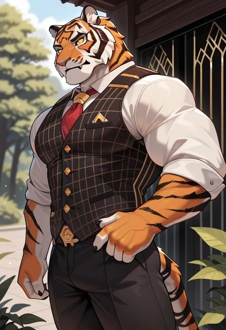 best quality, newest, absurdres, highres, 1boy, solo,Anthro,Anthro,tiger,Oscar,yellow sclera,black pupil,orange fur,black marks,muscular male,tiger ears,upperbody,outdoors,vest,black pants