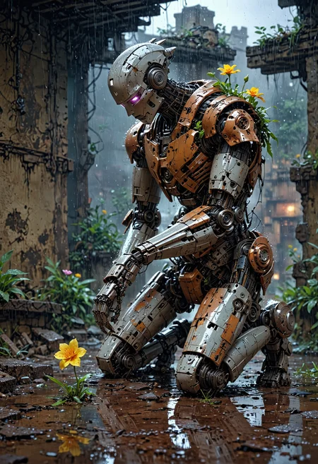 insanely detailed, masterpiece, best quality, 8k, ultra high res, High contrast and low saturation, Create an anime-style illustration of a robot in a rain-soaked ruin, kneeling with one knee, delicately holding a single flower (pinched between its fingers), and gazing at it with a forlorn expression. The robot, with endearing features and a less sleek appearance, exudes a sense of melancholy. Capture the atmosphere of desolation intensified by the rain, while the lone flower symbolizes hope or reflection, adding a touch of warmth and approachability to the character. <lora:EpicF4nta5yXL:0.8>