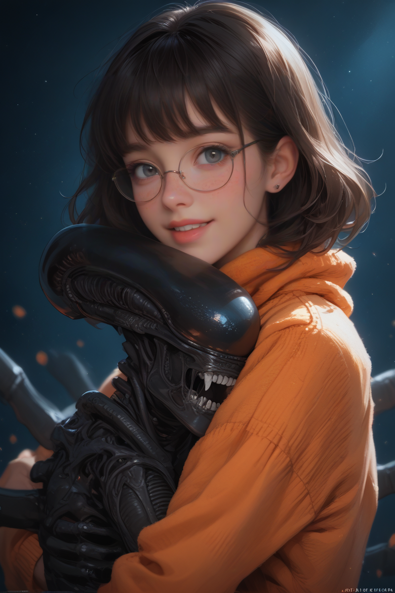 score_9, score_8_up, score_7_up,  
film photography,film grain,best quality, masterpiece, 
realistic,hyper-detailed,blurry -dark-night -background,dark blue theme,red particles,
looking at viewer,,BREAK, 
 1girl-Velma(from scooby doo)- blush-curvy, -freckles, hugging alien (franchise), 
(1xenomorph-Open mouth-drool-fangs-pink:1.3), 
<lora:sdxl_lightning_8step_lora:1>,
<lora:p3tl0v3XLP:1> p3tl0v3, 
 <lora:xenomorph_pdxl:1>,