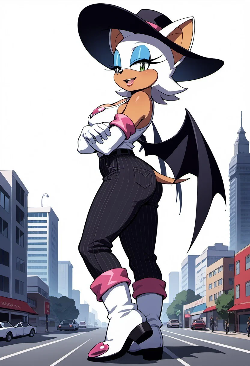 score_9, score_8_up, score_7_up, score_6_up, score_5_up, score_4_up, high quality, (Extremely detailed), 1.5, <Lora:add-detail-xl:1.5>, rouge, animal ears, bat ears, bat girl, bat tail, bat wings, eyeliner, furry, furry female, green eyes, makeup, tail, white hair, wings, eyeshadow,, bare shoulders, boots, elbow gloves, gloves, heart, knee boots, white footwear, white gloves, eyes, black fedora hat, white tank top, black pinstripe suit pants, cowboy boots Marco, Giantess, giga size, gigantic, city, standing, side view, arms crossed,