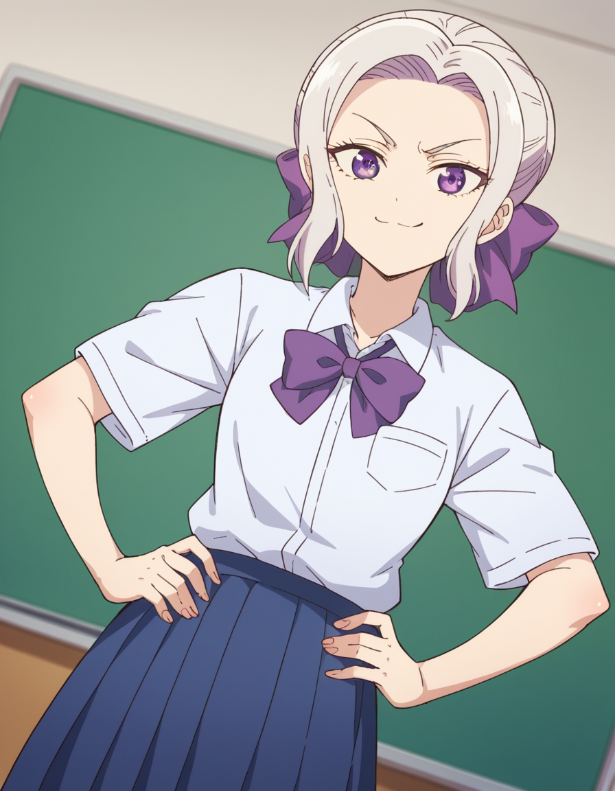 score_9, score_8_up, score_7_up, source_anime, <lora:shino-kiryuu-s2-ponyxl-lora-nochekaiser:1>, shino kiryuu, purple eyes, white hair, hair bow, purple ribbon,, skirt, shirt, bow, school uniform, white shirt, short sleeves, pleated skirt, bowtie, blue skirt,, indoors, smug, smile, looking at viewer, solo, hands on hips,, cowboy shot, dutch angle