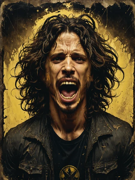 Grunge style, portrait of a young Chris Cornell screaming, long hair, mouth opened, Textured, distressed, vintage, edgy, punk rock vibe, dirty, noisy hyper-realistic, very detailed, intricate, very sexy pose, slight smile expression, unreal engine, by Artgerm, WLOP, trending on Artstation, detailed concept art, digital art, Blue and yellow glow in-window, James Jean, Andrei Riabovitchev <lora:Misty_Vintage:0.5> <lora:xl_more_art-full_v1:0.5> <lora:mouth_opened:0.8>