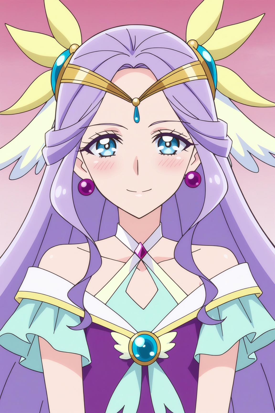 score_9, score_8_up, score_7_up, source anime, prefect lighting, very aesthetic, BREAK, anime screencap, anime coloring,
<lora:fuurin_asumi_precure_v1-pdv6:0.9>, 1girl, cure earth, healin' good precure, blue eyes, long hair, purple hair,
magical girl, purple dress, circlet, hair ornament, earrings, collarbone, 
BREAK, smile, looking at viewer, (close-up:1.4), blush, 
BREAK,
