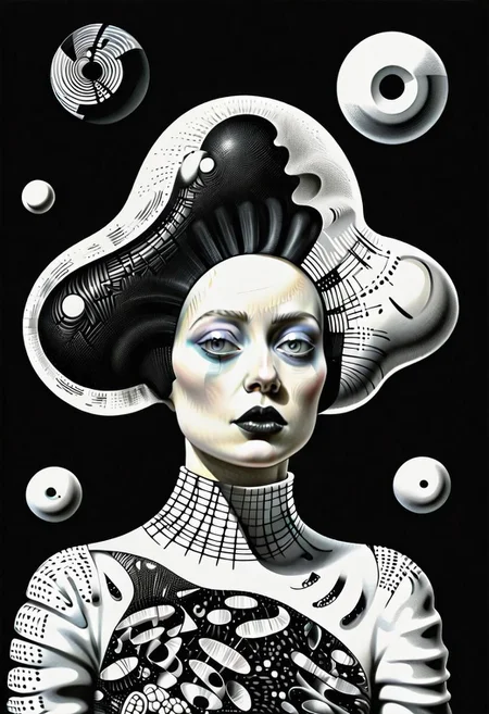 raw sketch of interwoven concrete cement pebbles cob cobblestone shell scales, by Bellmer, by Malevitch, by Kandinsky, Surreal psychedelic bizarre, psychedelic hallucination, pop surrealism, rough crosshatch drawing pop art Lunatic_Portrait of a young woman in latex Avant-garde Fashion page, slick back, low bun, black makeup, sinister expression, intense glare, (melting flesh covered in moss, rot, mold, bubbles, droplets:1.5), avant-garde, abstract, weird, geometric, constructivism, suprematism, rayonism, verticism, lineism, tj