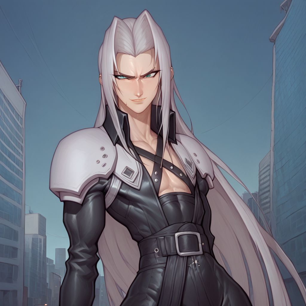 score_9, score_8_up, score_7_up, flightless detailed closeup action shot, from front, Sephiroth leaping through the air swinging very long sword in a wide overhead arc, smug expression, dynamic pose, exaggerated perspective emphasizing action, in an industrial city at night, dim street lighting, solo, beautiful, androgynous, flat chest, leather straps, broad shouldered, long draping leather overcoat, high contrast, industrial cityscape background,