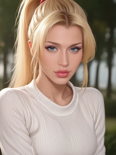 score_9, score_8_up, score_7_up, Danyelle3V4ngelista , Danyelle Evangelista,<lora:Danyelle3V4ngelista-000009-pony:1>, 1girl, makeup, lips, high ponytail hair, blonde hair, big lips, white sweater, solo, looking at viewer, bokeh, focus, film, velvia, artistic, best quality, photograph, focus