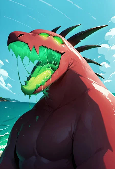 safe_pos, zPDXL3, score_9, score_8_up, score_8, score_7_up, score_7, source_furry, rating_explicit, best quality,masterpiece , perfect lighting,(high res:1.3),(absurd res), (extreme absurd res), (upper body ),blue sky, sea, acrid, multiple eyes, glowing eyes, green eyes, glowing mouth,open mouth, saliva
