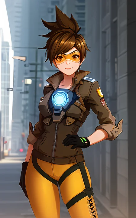 best quality, 1girl, (brown eyes), smile, looking at viewer, city, standing, corneo_tracer