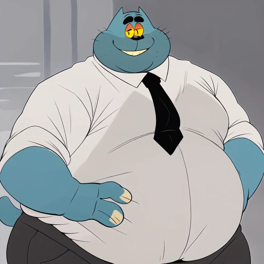 score_9, score_8_up, score_8, furry, Lester, cat, blue fur, yellow sclera, cartoon style, 2d, overweight male, big belly, thick thighs, wide hips, solo, white shirt, necktie, pants, standing, hands on hips, looking at viewer, smile