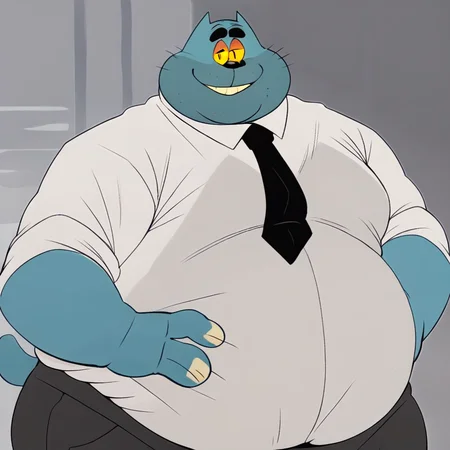 score_9, score_8_up, score_8, furry, Lester, cat, blue fur, yellow sclera, cartoon style, 2d, overweight male, big belly, thick thighs, wide hips, solo, white shirt, necktie, pants, standing, hands on hips, looking at viewer, smile