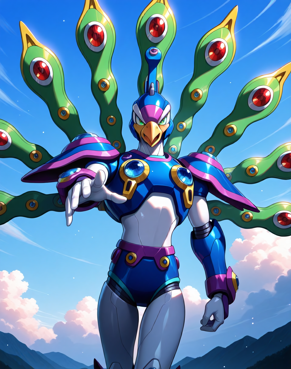 <lora:Cyber_Peacock_(Mega_Man_X)_(Illustrious)_(AD):1> Cyber Peacock, reploid, MMX, 
exterior, blue sky with clouds,
male focus, intense shadows, dynamic shadows, intricate details, attention to details, gradient coloring, bright vivid colors, robot, beak, sexy smile, half closed eyes, effeminate, narcissist, mid shot, 
BREAK very awa, masterpiece, best quality, amazing quality, very aesthetic, highres, absurdres, 
EZRealPONYXL, zPDXL, Smooth Quality, lazynsfw,