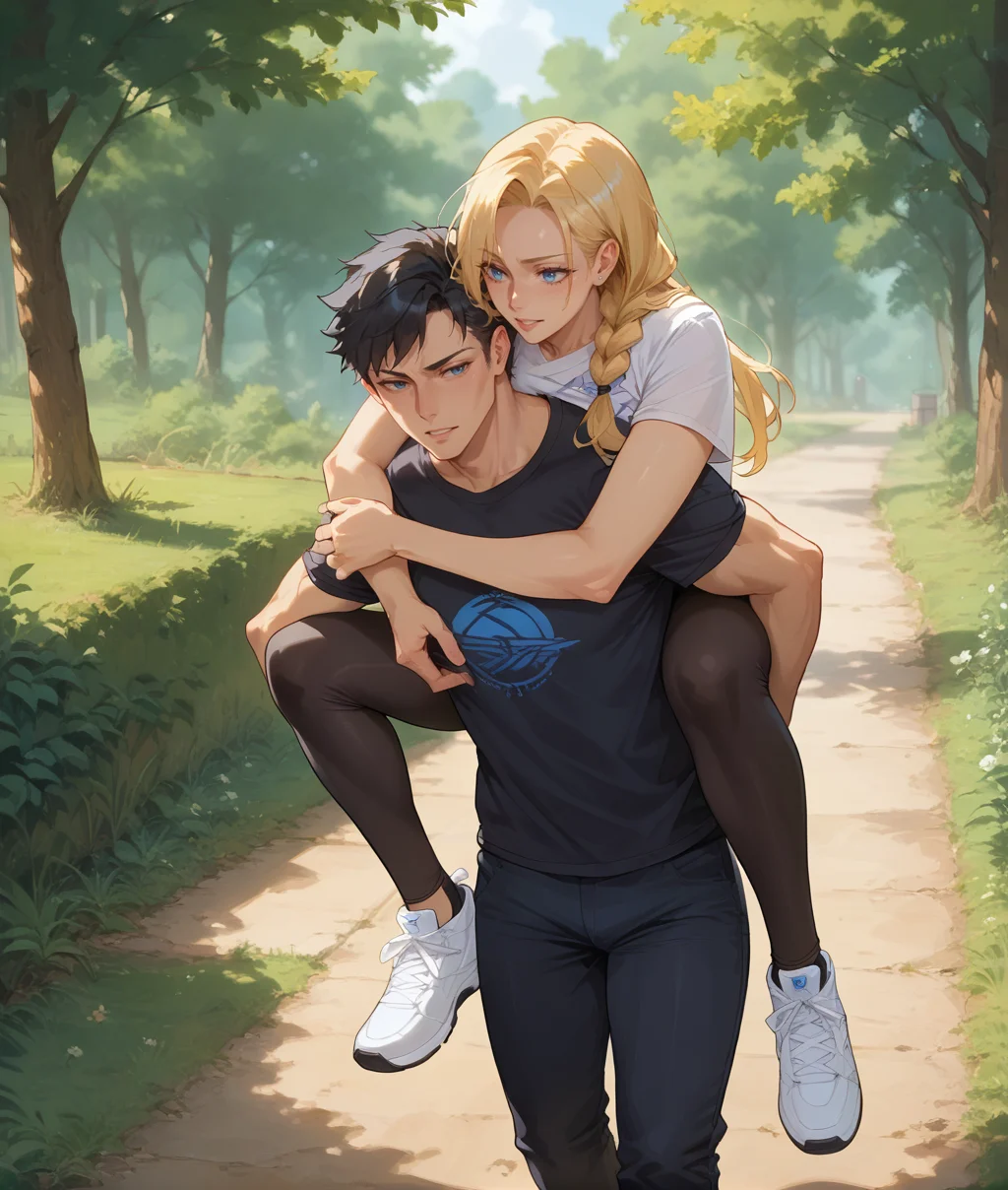 score_9, score_8_up, score_7_up, source_anime, perfect hands, 2girls, multiple girls, black hair in single braid, long blonde hair, blue eyes, leggings, t-shirt, carrying, outdoors, <lora:Piggyback:0.8>,