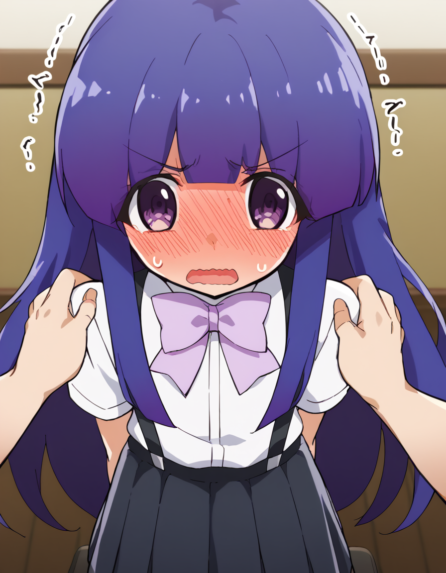score_9, score_8_up, score_7_up, source_anime, <lora:rika-furude-s4-ponyxl-lora-nochekaiser:1>, rika furude, long hair, bangs, blue hair, purple eyes, blunt bangs, purple hair,, skirt, shirt, bow, school uniform, white shirt, short sleeves, pleated skirt, bowtie, black skirt, suspenders, pink bow, suspender skirt,, living room, video game, controller, competitive, fun, afternoon, , <lora:full-face-blush-ponyxl-lora-nochekaiser:1>, full-face blush, embarrassed, blush, sweat, ear blush, blush, wavy mouth, trembling, open mouth, <lora:hands-on-anothers-shoulders-ponyxl-lora-nochekaiser:1>, hands on another's shoulders, pov, pov hands, cowboy shot,, looking at viewer, solo,, dutch angle, cowboy shot