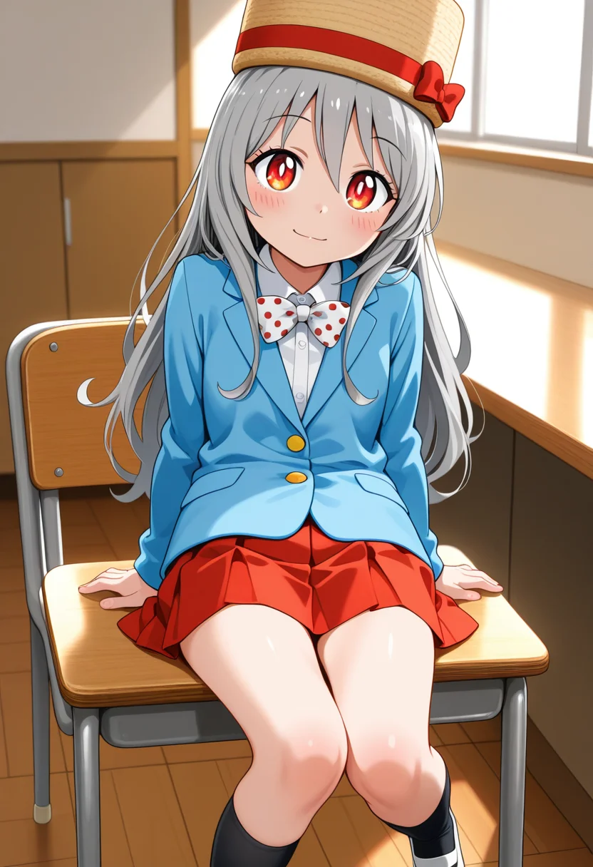 umami-chan, long hair, grey hair, red eyes, hat,
white bowtie, polka dot, blue jacket, jacket, mary janes, long sleeves, red skirt, pleated skirt, black kneehighs, white footwear, uwabaki,
 <lora:umami-chan_Illustrious-XL-2.0_v1:1>, masterpiece,best quality,amazing quality, solo,1girl,, sitting, (dynamic_pose),
 blush,closed mouth,light smile, 
looking at viewer,cowboy shot,
(indoors, )