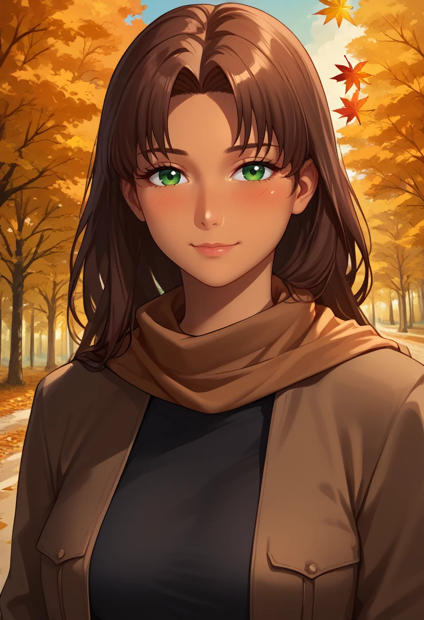score_9, score_8_up, score_7_up,
best quality, masterpiece, ultra detailed,
<lora:Expressive_H:1>, (blush:1.5), (light smile:1.3), closed mouth,
looking at viewer, portrait,
mature girl,
<lora:Everlasting_Summer_Olga_by_GraffMetal_V2.4:0.7>, olga, long hair, brown hair, green eyes, bangs, parted bangs, straight hair, tan skin, dark skin, solo, medium breasts,
black tshirt, brown long jacket, brown scarf,
amazing background, autumn, orange colors, falling leaves,
<lora:Everlasting_Summer_Vanilla_Art_Style_by_GraffMetal:1>,