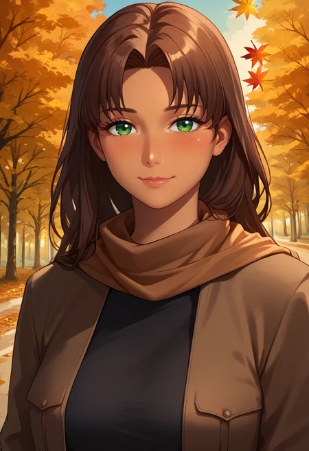 score_9, score_8_up, score_7_up,
best quality, masterpiece, ultra detailed,
<lora:Expressive_H:1>, (blush:1.5), (light smile:1.3), closed mouth,
looking at viewer, portrait,
mature girl,
<lora:Everlasting_Summer_Olga_by_GraffMetal_V2.4:0.7>, olga, long hair, brown hair, green eyes, bangs, parted bangs, straight hair, tan skin, dark skin, solo, medium breasts,
black tshirt, brown long jacket, brown scarf,
amazing background, autumn, orange colors, falling leaves,
<lora:Everlasting_Summer_Vanilla_Art_Style_by_GraffMetal:1>,