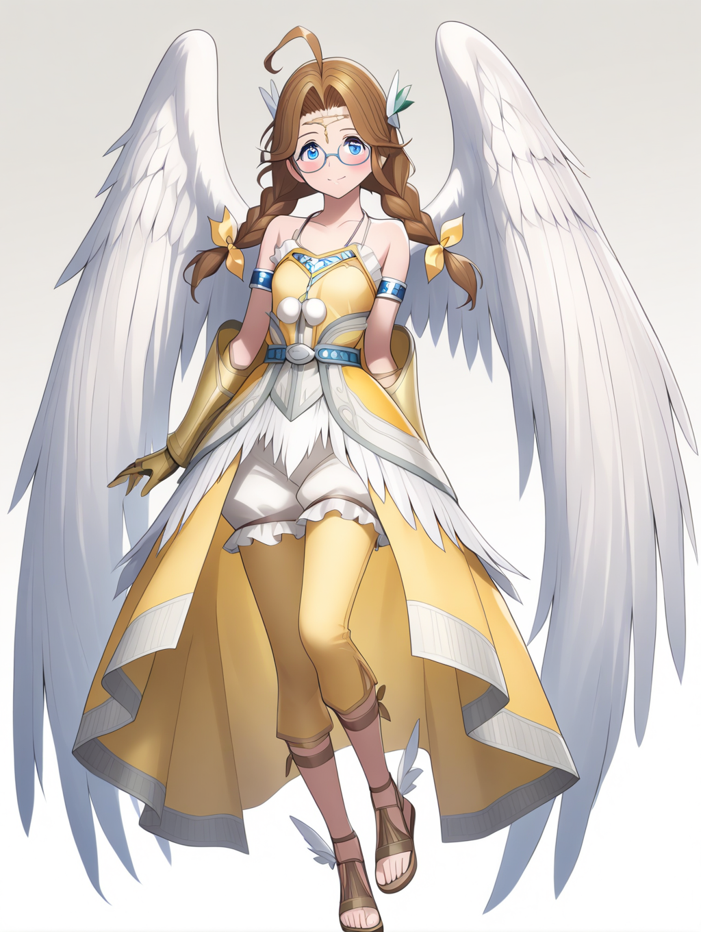 perfect quality,best quality,absolutely eye-catching,ambient occlusion,raytracing BREAK
1girl,<lora:sara IL v1.1:0.8>,sara,blue eyes,twin braids,ahoge,hair ornament,glasses,angel wings,yellow dress,armband,gauntlets,bare shoulders,feathers,sandals,white puffy short pants,yellow leggings,