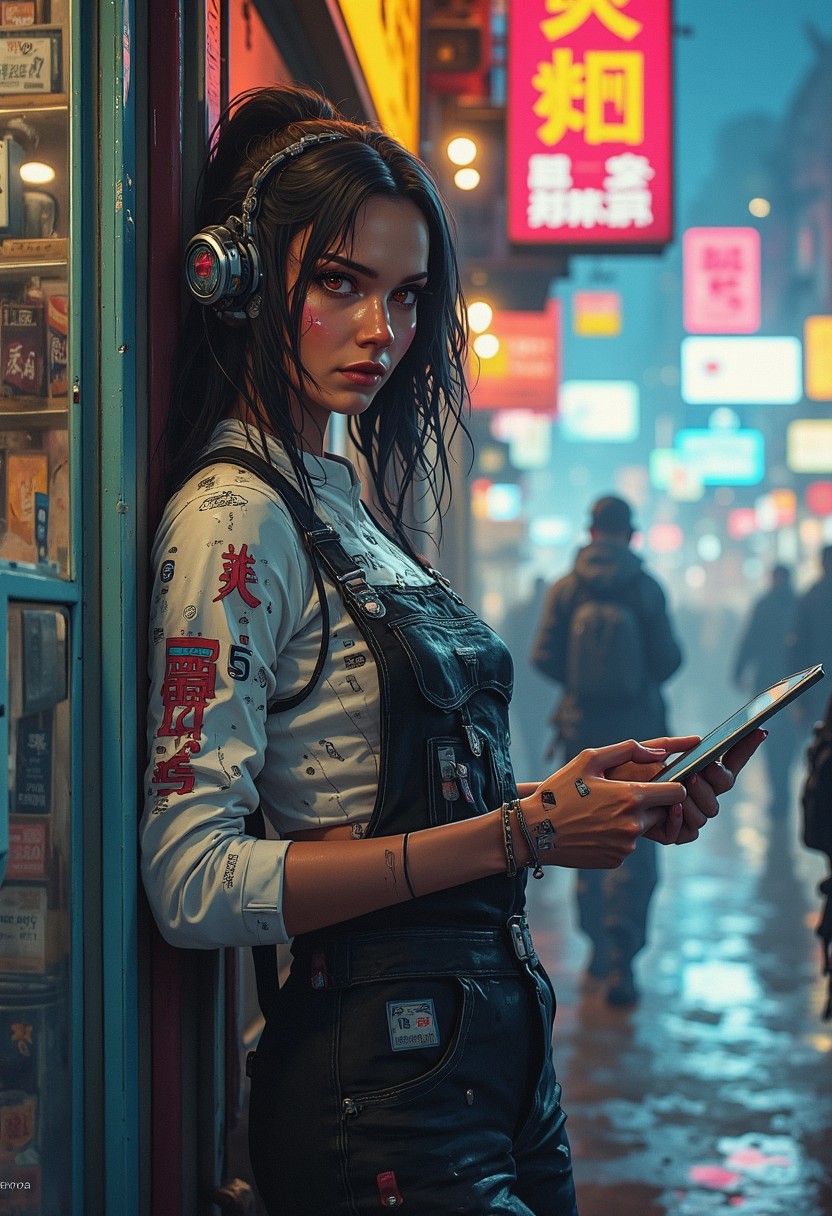 cyberpunk anime, stunning Greek woman wearing black and white dirty overall, dark eyeshadow, holding tablet while leaning against a wall aside her hardware shop, neon signs and advertising, bokeh, side lighting