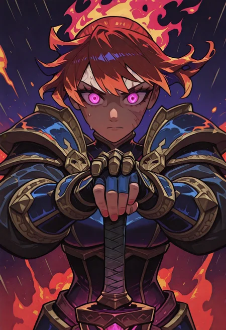 Dark fantasy illustration, ultra-detailed, painterly textures, rich cinematic lighting. An extreme close-up of a mysterious female warrior, her intense, glowing eyes reflecting distant firelight. Her face is partially obscured by swirling strands of windblown hair, damp with sweat and rain. Scars trace across her skin, hinting at battles fought.
Fiery embers drift through the air, caught in the stormy wind, their glow contrasting against the cool blue moonlight illuminating her cheekbones. A single bloodstained gauntlet is raised, gripping the hilt of a rune-etched blade, the reflection of a burning battlefield flickering along its steel.
Deep contrasts—warm ember glow against the cold, misty background. High-saturation highlights bring out the iridescent sheen on her armor, while soft shadows add depth. Her eyes—piercing gold or ethereal violet—draw the viewer in, making the scene feel alive and full of story.
