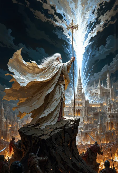 An epic and breathtaking scene of Gandalf the White, captured in the heat of battle during the Siege of Minas Tirith. He stands fearlessly on the city’s battlements, his resplendent white robes and flowing cloak billowing in the wind. His gleaming white staff radiates a blinding light, cutting through the darkness of the battlefield below. His silver hair and beard flow like a mane, and his piercing eyes blaze with a fierce, unyielding determination. Around him, the chaos of battle unfolds—Orcs swarm the city walls, catapults hurl flaming projectiles, and the dark sky is split by bolts of lightning.
Gandalf’s stance is powerful and commanding; he raises his staff high, emitting a radiant light that repels the shadows of Mordor and ignites hope in the hearts of the soldiers fighting below. The city’s iconic white towers and stone walls stand in stark contrast against the smoky, war-torn landscape. The lighting is dramatic, with shafts of bright, divine light piercing the gloom, illuminating Gandalf as a beacon of hope and defiance. 
Oil Painting, surreal, digital artwork, 
Impressionism, impressionist painting, loose brushwork, light and shadow play, captures feeling over form, 
figure-studies, oil-painting, romanticism, painting,  elegance, opulence,
beautiful, painterly, detailed, textural, artistic, aesthetic, intricate details, highly detailed, vivid, vibrant, 
mythp0rt, DB4RZ, DB4RZ style painting