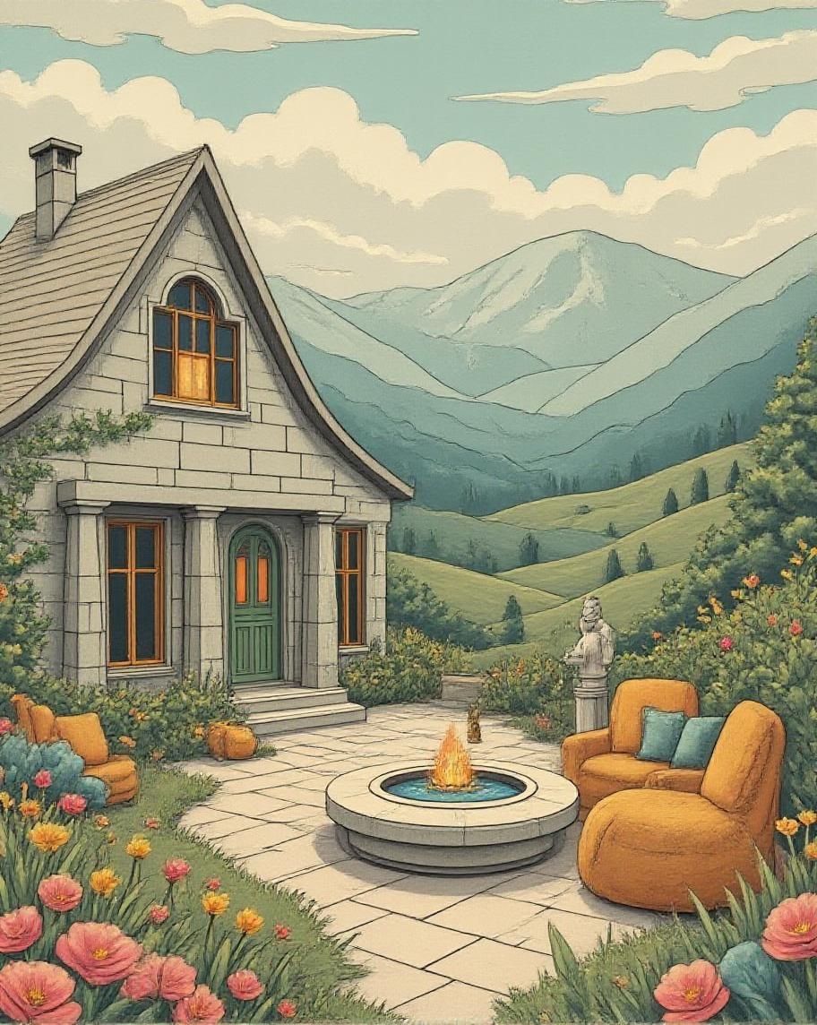 <lora:FolkCartoon.safetensors:1>
In a cozy, pastel-hued world, a handcrafted plush creation takes the form of a charming and whimsical mountain abode, nestled in a frosty landscape. The soft, felt-like textures of the triangular windows and Perlite insulation walls invite a gentle touch, their visible fuzziness adding to the tactile charm. The graphite grey concrete is reimagined as a plush, warm grey fabric that harmonizes with the fluffy, snow-capped mountains in the background.
The vertical farming integration panels transform into delicate, embroidered greenery, adorning the side of the house with a playful, hand-stitched appearance. The green facades are now lush, felted vines that wrap around the structure, bringing a touch of nature’s warmth. The rope lighting is represented by fine, golden threads that weave through the corinthian columns, casting a soft, welcoming glow.
In the garden, a small, hand-sewn water spout with a miniature statue stands as a focal point, its surfaces soft and inviting. The sculpture garden is a collection of plump, felted figures, each with a unique texture and color, adding to the sense of childlike wonder. The French Country windows, now large, plush eyelets, face a mountain thunderstorm, their details stitched with care to maintain the crafted precision.
An outdoor fire pit table, made of soft, warm fabric, extends over the mountain pass, its surface embroidered with intricate designs. The overall scene is a delightful blend of soft, rounded forms and fine stitching, creating a warmly inviting and handcrafted haven that evokes a sense of comfort and playfulness.